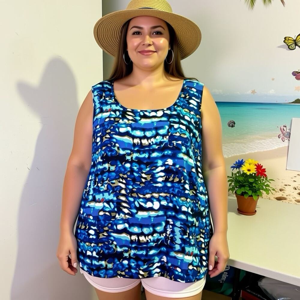 Fashion Bug Women Tank Top 1X Silky Satin Earth Blue Lightweight Casual Summer